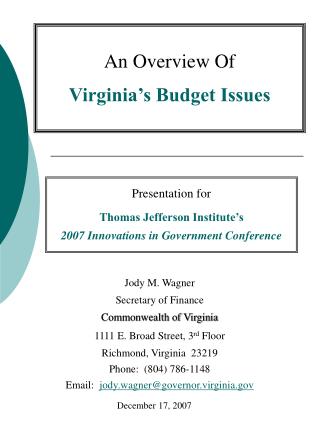 Presentation for Thomas Jefferson Institute’s 2007 Innovations in Government Conference