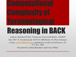 Computational Complexity of Terminological Reasoning in BACK