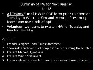 Summary of HW for Next Tuesday, Jan 18