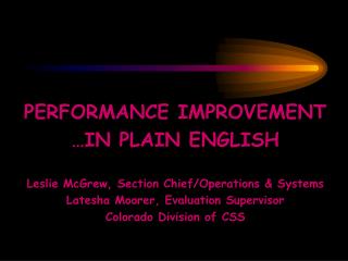 PERFORMANCE IMPROVEMENT …IN PLAIN ENGLISH Leslie McGrew, Section Chief/Operations &amp; Systems