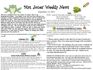Mrs. Jones’ Weekly News September 12, 2013