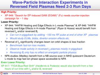 Wave-Particle Interaction Experiments in Reversed Field Plasmas Need 2-3 Run Days