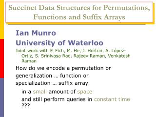 Succinct Data Structures for Permutations, Functions and Suffix Arrays
