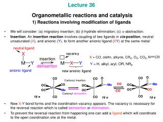 Lecture 36 Organometallic reactions and catalysis 1) Reactions involving modification of ligands