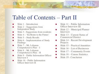 Table of Contents – Part II