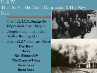 Unit IV The 1930’s: The Great Depression &amp;The New Deal