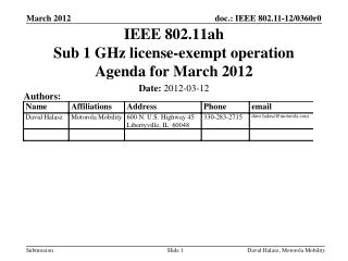 IEEE 802.11ah Sub 1 GHz license-exempt operation Agenda for March 2012