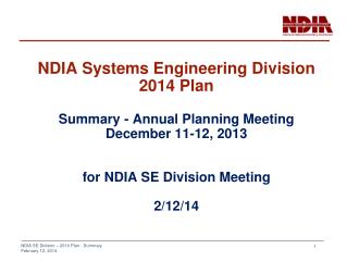NDIA SE Division Summary - 2014 Plan