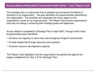 Access Alliance Multicultural Community Health Centre – Year 2 Report Card