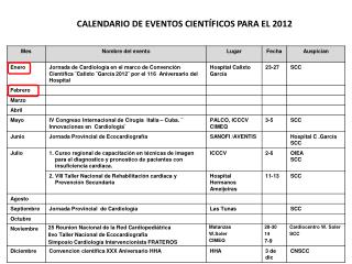 CALENDARIO DE EVENTOS CIENTÍFICOS PARA EL 2012