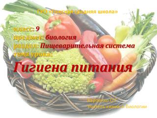 класс: 9 предмет : биология раздел: Пищеварительная система тема урока: Гигиена питания