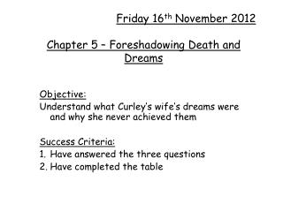 Friday 16 th November 2012 Chapter 5 – Foreshadowing Death and Dreams