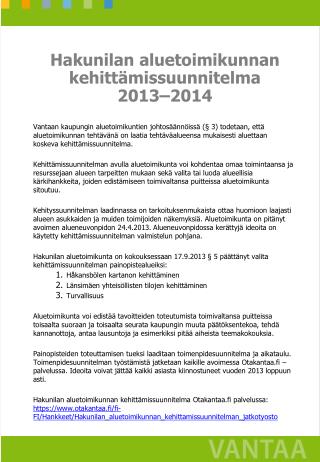 Hakunilan aluetoimikunnan kehittämissuunnitelma 2013–2014