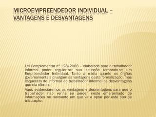 MICROEMPREENDEDOR INDIVIDUAL – VANTAGENS E DESVANTAGENS