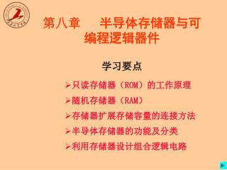 第八章 半导体存储器与可 编程逻辑器件 学习要点 只读存储器（ ROM ）的工作原理 随机存储器（ RAM ） 存储器扩展存储容量的连接方法 半导体存储器的功能及分类