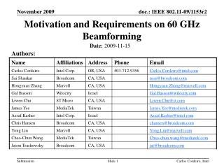 Motivation and Requirements on 60 GHz Beamforming