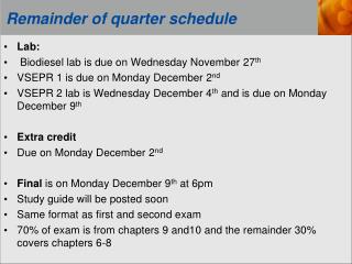 Remainder of quarter schedule