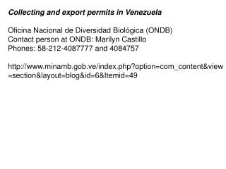 Collecting and export permits in Venezuela Oficina Nacional de Diversidad Biológica (ONDB)