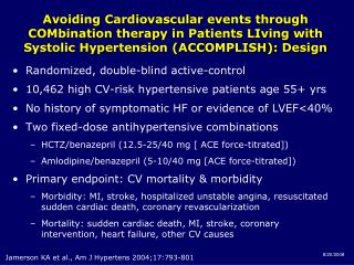 Randomized, double-blind active-control 10,462 high CV-risk hypertensive patients age 55+ yrs