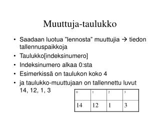 Saadaan luotua ”lennosta” muuttujia  tiedon tallennuspaikkoja Taulukko[indeksinumero]