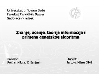 Univerzitet u Novom Sadu Fakultet Tehničkih Nauka Saobraćajni odsek