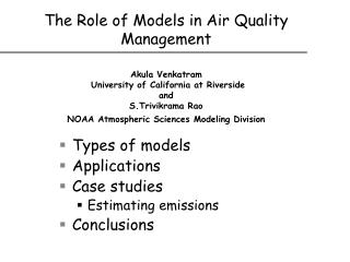 Types of models Applications Case studies Estimating emissions Conclusions