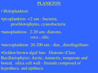 PLANKTON Holoplankton: picoplankton- &lt;2 u m - bacteria, 					prochlorophytes, cyanobacteria