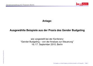 Praxisbeispiele vom Berliner Gender-Budgeting-Kongress im September 2010 – 1. Tag