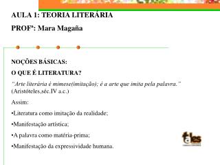 AULA 1: TEORIA LITERÁRIA PROFª: Mara Magaña NOÇÕES BÁSICAS: O QUE É LITERATURA?