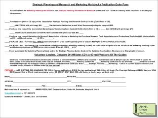 Strategic Planning and Research and Marketing Workbooks Publication Order Form
