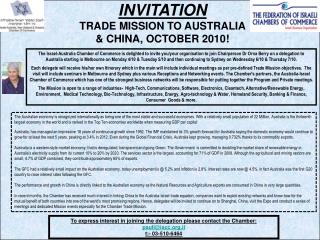 INVITATION TRADE MISSION TO AUSTRALIA &amp; CHINA, OCTOBER 2010!