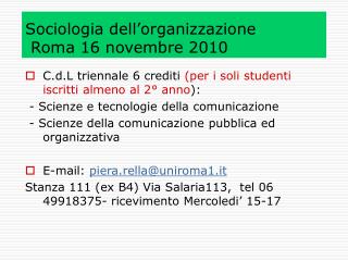 Sociologia dell’organizzazione Roma 16 novembre 2010