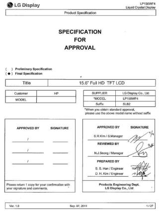 SPECIFICATION FOR APPROVAL