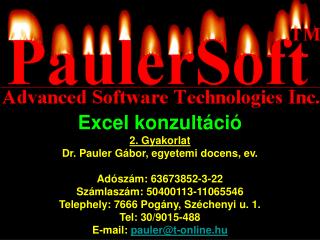 Excel konzultáció 2. Gyakorlat Dr. Pauler Gá bor , egyetemi docens, ev. Adószám: 63673852-3-22