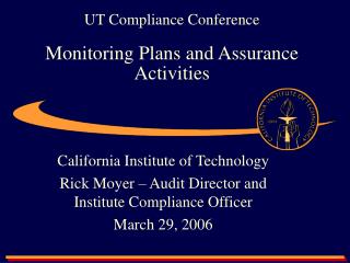 UT Compliance Conference Monitoring Plans and Assurance Activities