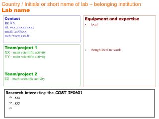 Country / Initials or short name of lab – belonging institution Lab name