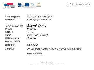 Výukový materiál zpracovaný v rámci projektu „EU peníze školám“