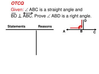 OTCQ Given:  ABC is a straight angle and BD ABC. Prove  ABD is a right angle.