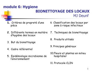 1.  Critères de propreté d’une pièce 2.  Différents termes en matière d’hygiène des locaux