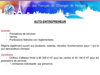 AUTO-ENTREPRENEUR Activités Prestations de services - Ventes