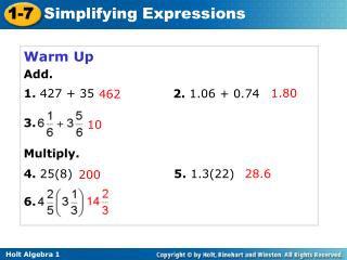 Warm Up Add. 1. 427 + 35