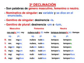 3 ª DECLINACIÓN - Son palabras de género masculino, femenino o neutro .