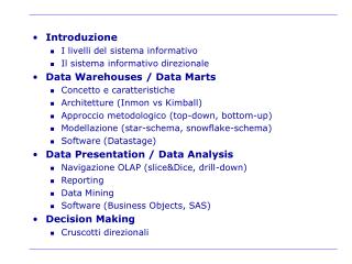 Introduzione I livelli del sistema informativo Il sistema informativo direzionale