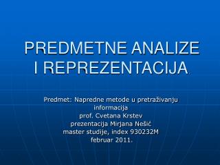 PREDMETNE ANALIZE I REPREZENTACIJA ,