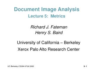 Document Image Analysis Lecture 5: Metrics