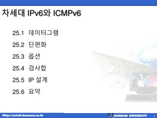 25.1 	 데이터그램 25.2 	 단편화 25.3	옵션 25.4	검사합 25.5	 IP 설계 25.6	요약