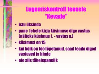 Lugemiskontroll teosele “Kevade”