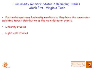 Luminosity Monitor Status / Beamplug Issues Mark Pitt, Virginia Tech