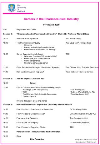 Careers in the Pharmaceutical Industry 11 th March 2009 9:30 Registration and Coffee