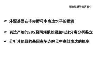 外源基因在毕赤酵母中表达水平的预测 表达产物的 SDS 聚丙烯酰胺凝胶电泳分离分析鉴定 分析其他目的基因在毕赤酵母中高效表达的概率